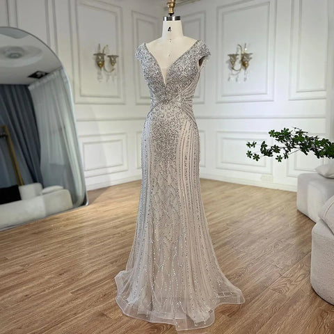 Dubai Beige Elegant Sleeveles Mermaid Beaded Arabic Evening Dresses Gowns for Women Wedding Party 2025 LA72456
