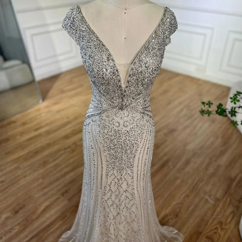 Dubai Beige Elegant Sleeveles Mermaid Beaded Arabic Evening Dresses Gowns for Women Wedding Party 2025 LA72456