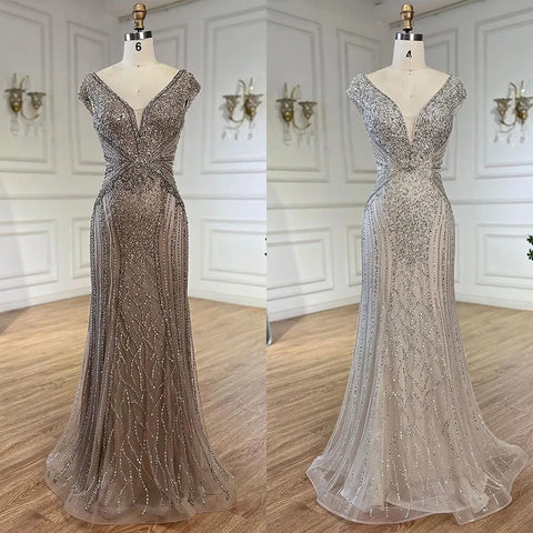 Dubai Beige Elegant Sleeveles Mermaid Beaded Arabic Evening Dresses Gowns for Women Wedding Party 2025 LA72456