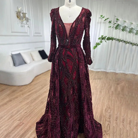 Dubai Blue Mermaid Deep-V Crystal Sexy Long Sleeves Luxury Party Dresses Formal Women Evening 2025 Plus Size LA70223