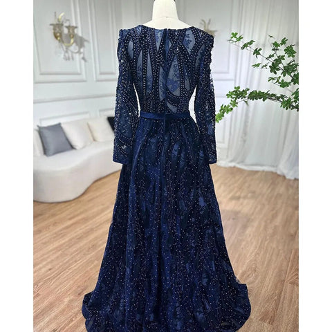 Dubai Blue Mermaid Deep-V Crystal Sexy Long Sleeves Luxury Party Dresses Formal Women Evening 2025 Plus Size LA70223