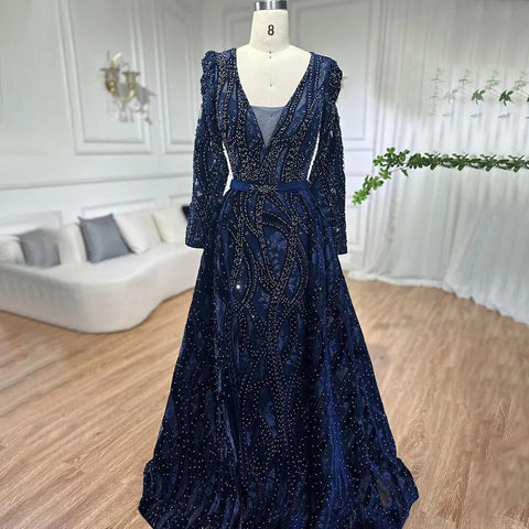 Dubai Blue Mermaid Deep-V Crystal Sexy Long Sleeves Luxury Party Dresses Formal Women Evening 2025 Plus Size LA70223