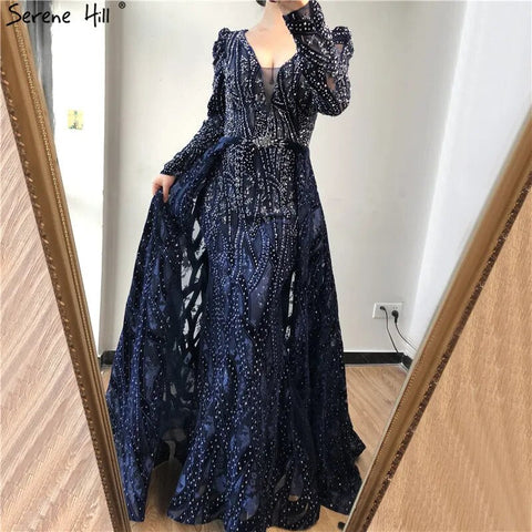 Dubai Blue Mermaid Deep-V Crystal Sexy Long Sleeves Luxury Party Dresses Formal Women Evening 2025 Plus Size LA70223
