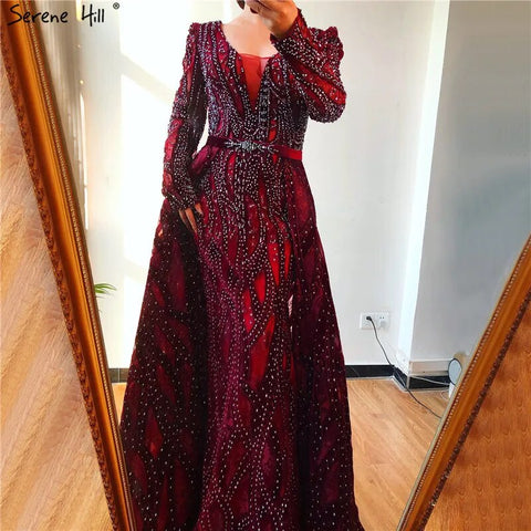 Dubai Blue Mermaid Deep-V Crystal Sexy Long Sleeves Luxury Party Dresses Formal Women Evening 2025 Plus Size LA70223