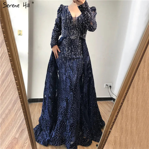 Dubai Blue Mermaid Deep-V Crystal Sexy Long Sleeves Luxury Party Dresses Formal Women Evening 2025 Plus Size LA70223