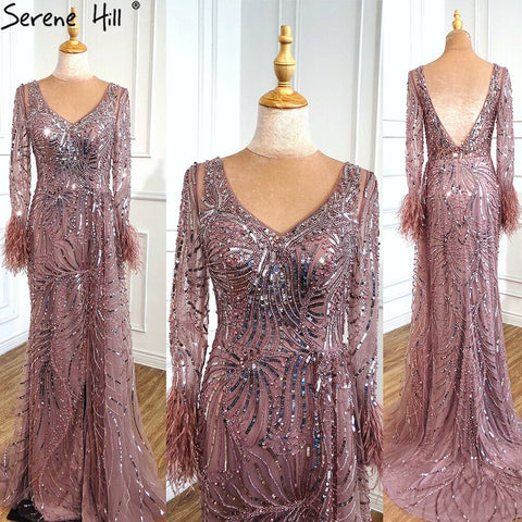 Dubai Blue Mermaid Feather Pearls Long Sleeves V-Neck Luxury Evening Dresses Gowns For Women Party 2025  2025 LA70533