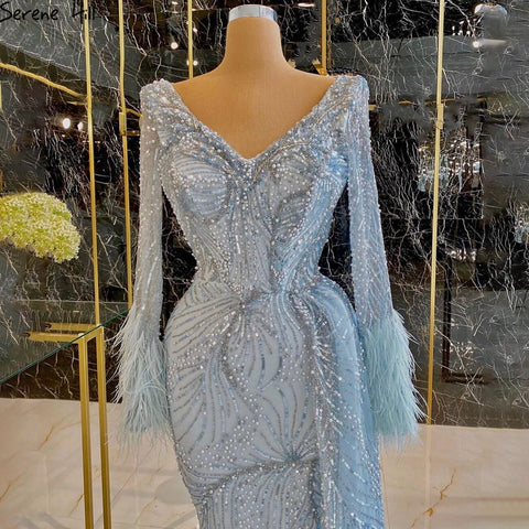 Dubai Blue Mermaid Feather Pearls Long Sleeves V-Neck Luxury Evening Dresses Gowns For Women Party 2025  2025 LA70533