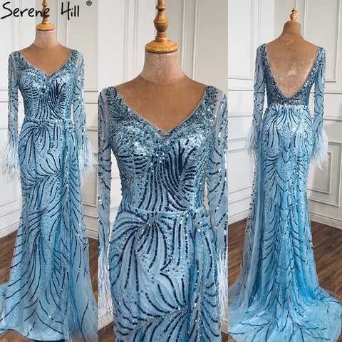Dubai Blue Mermaid Feather Pearls Long Sleeves V-Neck Luxury Evening Dresses Gowns For Women Party 2025  2025 LA70533