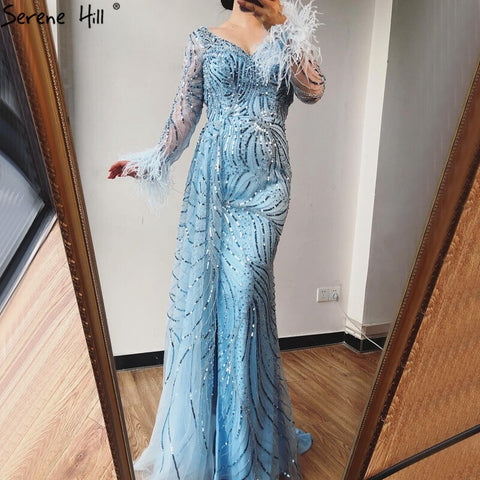 Dubai Blue Mermaid Feather Pearls Long Sleeves V-Neck Luxury Evening Dresses Gowns For Women Party 2025  2025 LA70533
