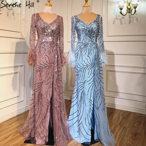 Dubai Blue Mermaid Feather Pearls Long Sleeves V-Neck Luxury Evening Dresses Gowns For Women Party 2025  2025 LA70533