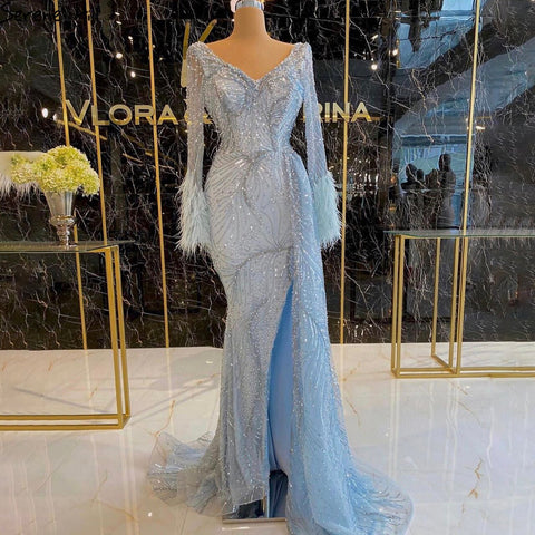 Dubai Blue Mermaid Feather Pearls Long Sleeves V-Neck Luxury Evening Dresses Gowns For Women Party 2025  2025 LA70533