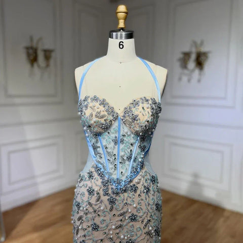 Dubai Blue Mermaid Luxury Beaded Spaghetti Strap Arabic Evening Dresses Gowns for Women Wedding Party 2025 LA72330