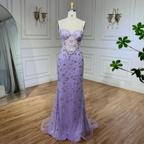 Dubai Blue Mermaid Luxury Beaded Spaghetti Strap Arabic Evening Dresses Gowns for Women Wedding Party 2025 LA72330