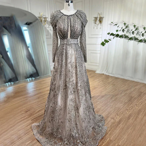 Dubai Blue Muslim Lace Beaded Evening Dresses Gowns 2025 A-Line Luxury Long Sleeves For Women Wedding Party LA71628