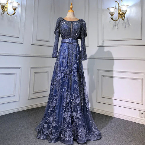 Dubai Blue Muslim Lace Beaded Evening Dresses Gowns 2025 A-Line Luxury Long Sleeves For Women Wedding Party LA71628