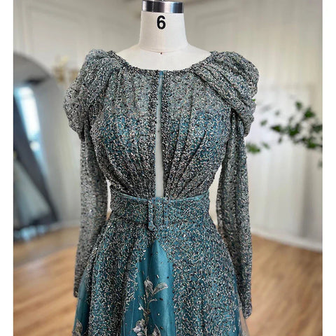 Dubai Blue Muslim Lace Beaded Evening Dresses Gowns 2025 A-Line Luxury Long Sleeves For Women Wedding Party LA71628