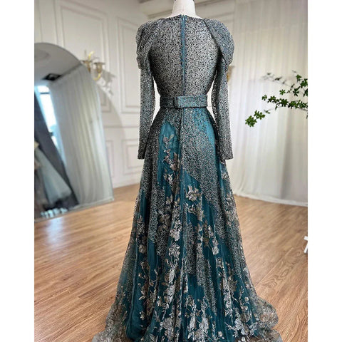 Dubai Blue Muslim Lace Beaded Evening Dresses Gowns 2025 A-Line Luxury Long Sleeves For Women Wedding Party LA71628