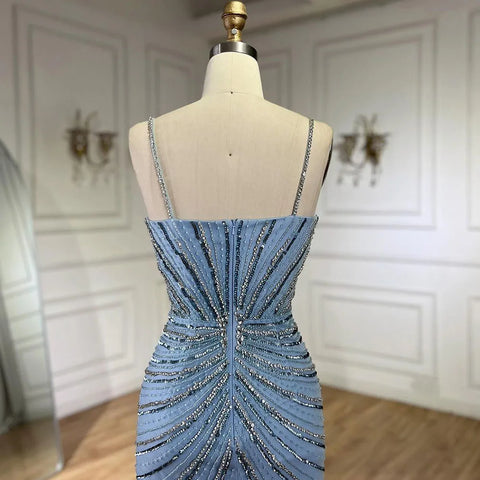 Dubai Blue Spaghetti Strap Mermaid Split Beaded Luxury Evening Dresses Gowns for Women Wedding Party 2025 LA72439