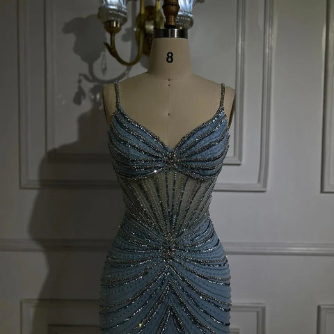 Dubai Blue Spaghetti Strap Mermaid Split Beaded Luxury Evening Dresses Gowns for Women Wedding Party 2025 LA72439