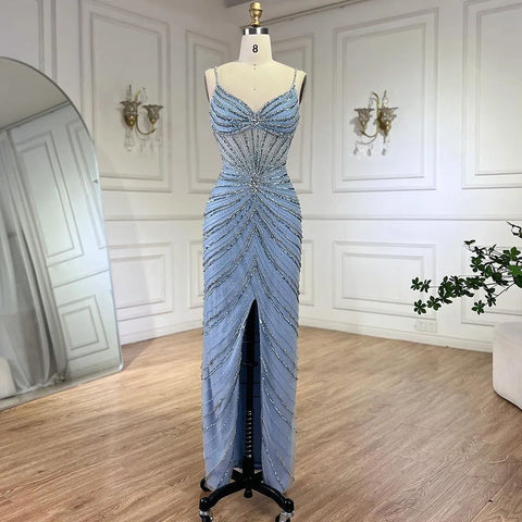 Dubai Blue Spaghetti Strap Mermaid Split Beaded Luxury Evening Dresses Gowns for Women Wedding Party 2025 LA72439