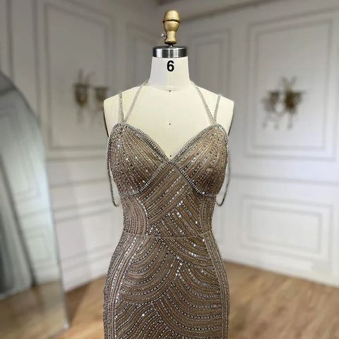 Dubai Caramel Luxury Beaded Spaghetti Strap Mermaid Evening Dresses Gowns for Women Wedding Party 2025 LA72501