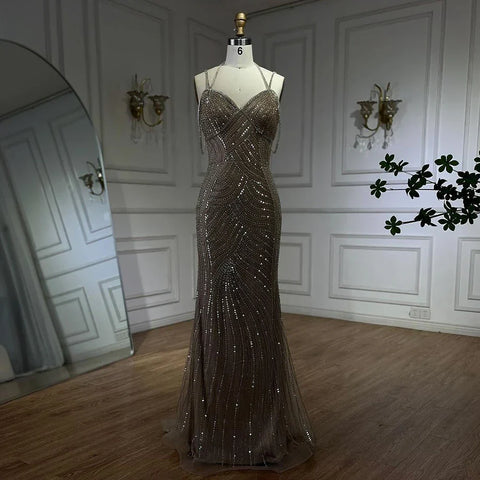 Dubai Caramel Luxury Beaded Spaghetti Strap Mermaid Evening Dresses Gowns for Women Wedding Party 2025 LA72501