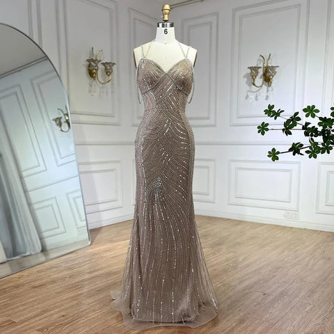 Dubai Caramel Luxury Beaded Spaghetti Strap Mermaid Evening Dresses Gowns for Women Wedding Party 2025 LA72501