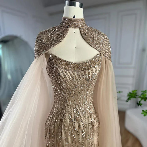 Dubai Caramel Mermaid Long Cloak Beaded Pearls Luxury Evening Dresses Gowns For Women Wedding Party 2025 LA72223