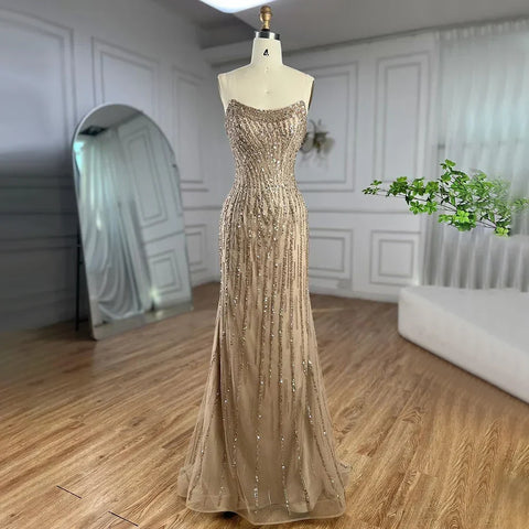 Dubai Caramel Mermaid Long Cloak Beaded Pearls Luxury Evening Dresses Gowns For Women Wedding Party 2025 LA72223