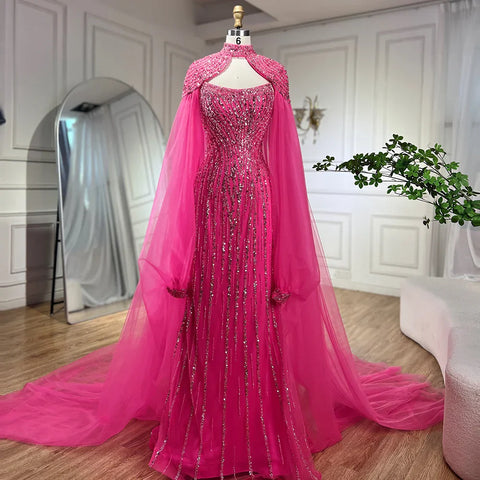 Dubai Caramel Mermaid Long Cloak Beaded Pearls Luxury Evening Dresses Gowns For Women Wedding Party 2025 LA72223