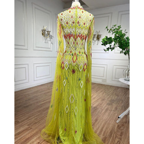 Dubai Designer Green Mermaid Arabic Evening Dress With Cape Luxury Formal Dresses for Women Wedding Party LA72094