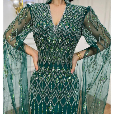 Dubai Designer Green Mermaid Arabic Evening Dress With Cape Luxury Formal Dresses for Women Wedding Party LA72094