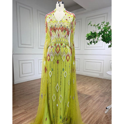 Dubai Designer Green Mermaid Arabic Evening Dress With Cape Luxury Formal Dresses for Women Wedding Party LA72094