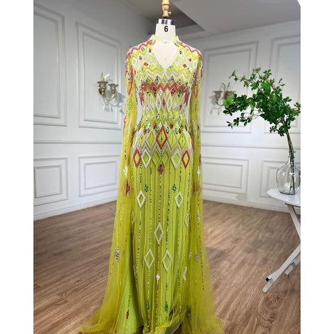 Dubai Designer Green Mermaid Arabic Evening Dress With Cape Luxury Formal Dresses for Women Wedding Party LA72094
