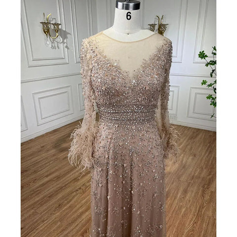 Elegant Champagne Feathers Long Sleeves Evening Dresses LA71654