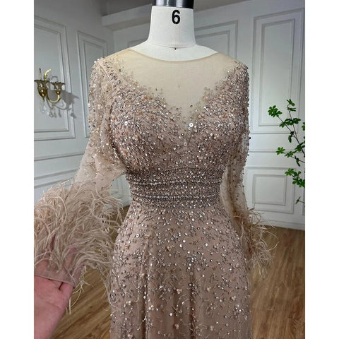 Elegant Champagne Feathers Long Sleeves Evening Dresses LA71654