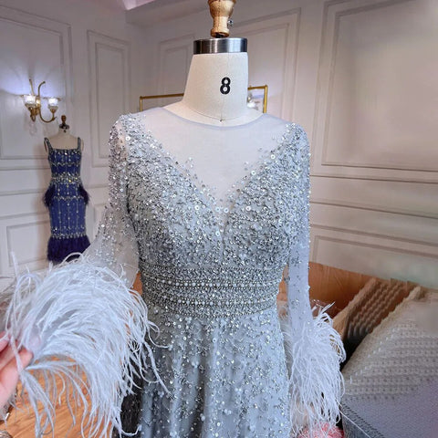 Elegant Champagne Feathers Long Sleeves Evening Dresses LA71654