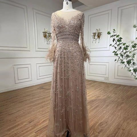 Elegant Champagne Feathers Long Sleeves Evening Dresses LA71654