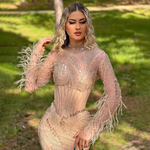 Robe de soirée longue style sirène, couleur chair, effet illusion, perles, plumes, pour femme, modèle Dubaï, modèle LA72245, 2025 