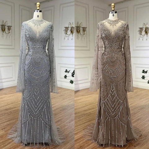Dubai Gray Elegant Mermaid Beaded Lace Arabic Luxury Evening Dresses Gowns 2025 for Women Wedding Party LA72517