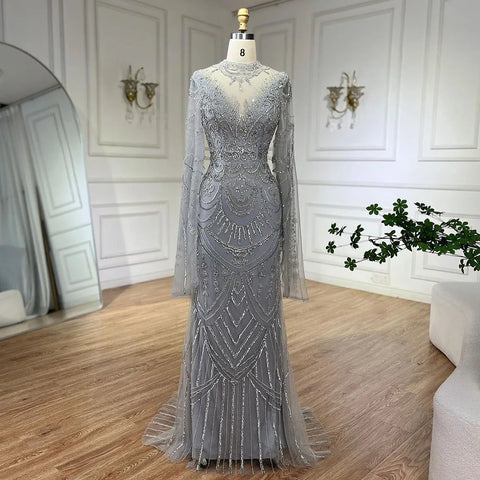 Dubai Gray Elegant Mermaid Beaded Lace Arabic Luxury Evening Dresses Gowns 2025 for Women Wedding Party LA72517