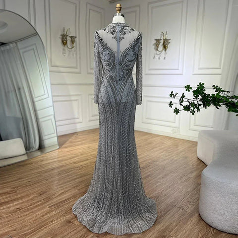 Dubai Gray Mermaid Elegant Lace Crystal Beaded Luxury Evening Dresses Gowns For Women Wedding Party 2025 LA72516