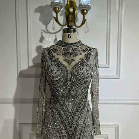 Dubai Gray Mermaid Elegant Lace Crystal Beaded Luxury Evening Dresses Gowns For Women Wedding Party 2025 LA72516