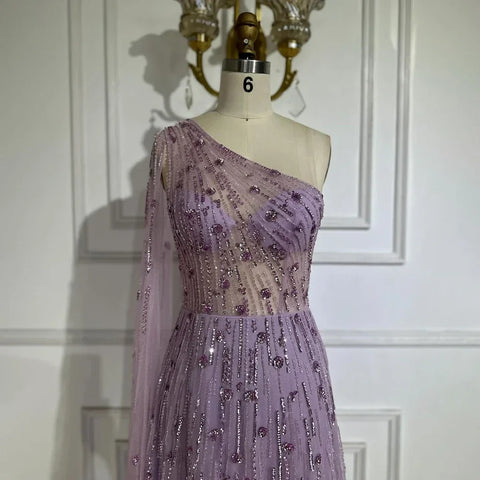 Dubai Green A Line One Shoulder Cape Sleeves Beaded Luxury Evening Dresses Gowns for Women Wedding Party LA72503