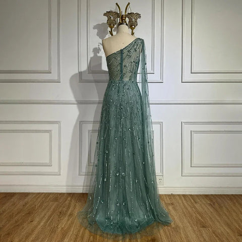 Dubai Green A Line One Shoulder Cape Sleeves Beaded Luxury Evening Dresses Gowns for Women Wedding Party LA72503