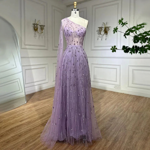 Dubai Green A Line One Shoulder Cape Sleeves Beaded Luxury Evening Dresses Gowns for Women Wedding Party LA72503