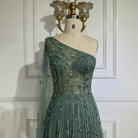 Dubai Green A Line One Shoulder Cape Sleeves Beaded Luxury Evening Dresses Gowns for Women Wedding Party LA72503