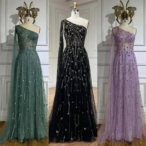 Dubai Green A Line One Shoulder Cape Sleeves Beaded Luxury Evening Dresses Gowns for Women Wedding Party LA72503