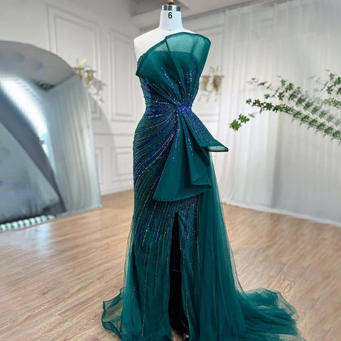 Dubai Green  Beaded Mermaid High Split Evening Gowns 2025 Prom Dresses For Women Wedding Party LA72090