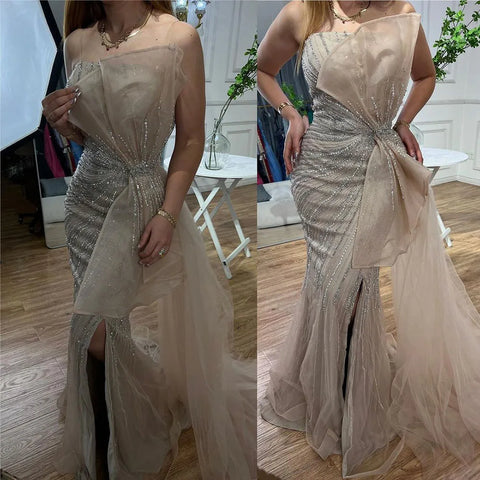 Dubai Green  Beaded Mermaid High Split Evening Gowns 2025 Prom Dresses For Women Wedding Party LA72090